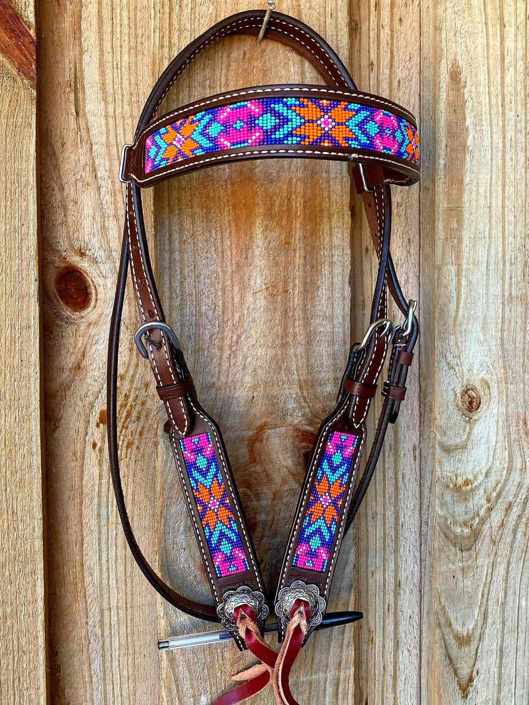 Western Bridle Browband Dark Oil With Pink & Aqua Bead Design Headstall