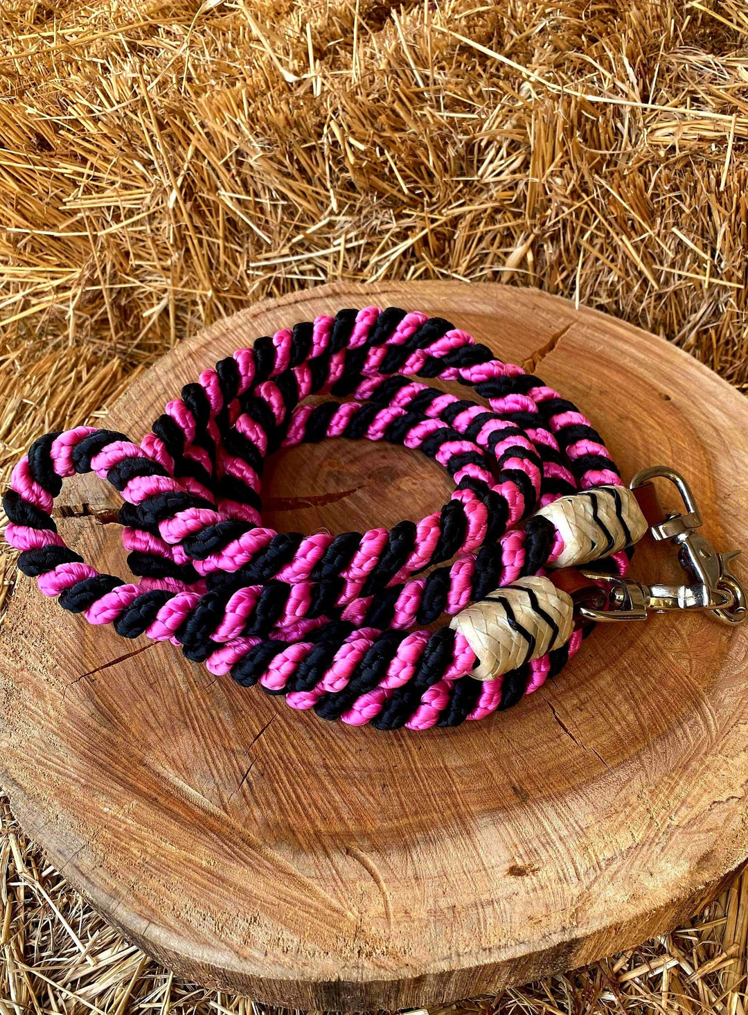 Reins -  8FT rolled nylon barrel reins Pink/Black