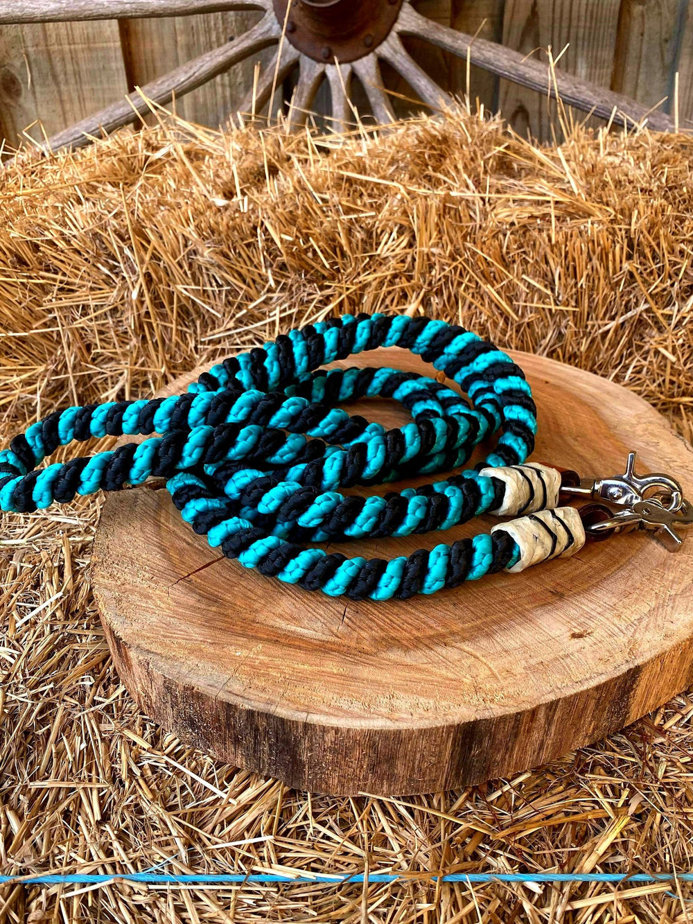 Reins -  8FT rolled nylon barrel reins Turquoise /Black