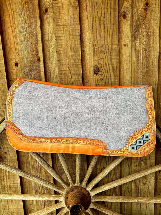 Western Saddle Pad Felt Contoured 32" x 32" x 3/4" Tooled Leather Wears & Blue Beads