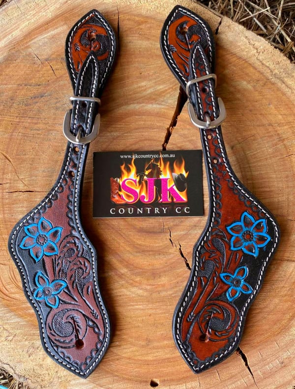 Straps -  Dark Tooled Leather Spur Strap with Turquoise Flower Detail