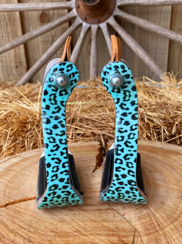 Stirrups - Leopard print stirrup irons Teal