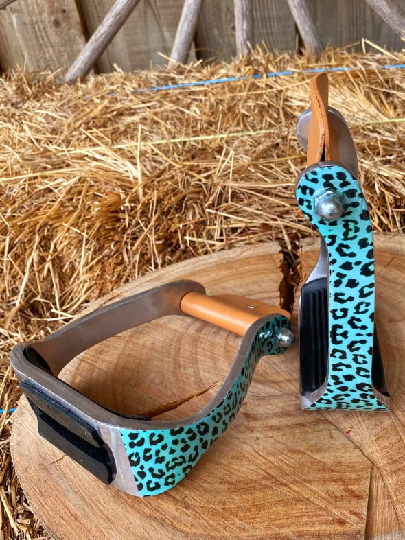 Stirrups - Leopard print stirrup irons Teal