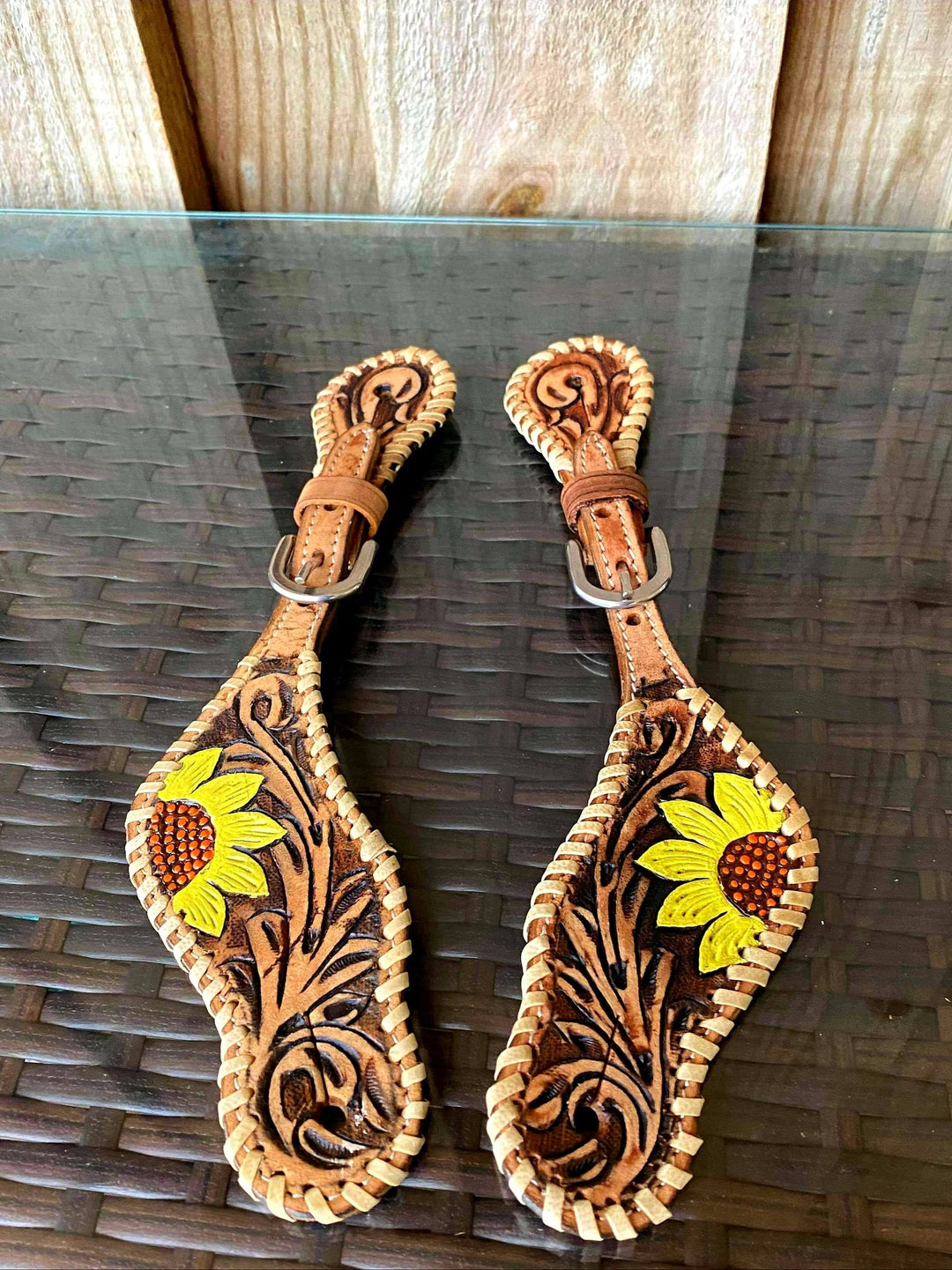 Straps - Ladies Hand painted sunflower design spur straps