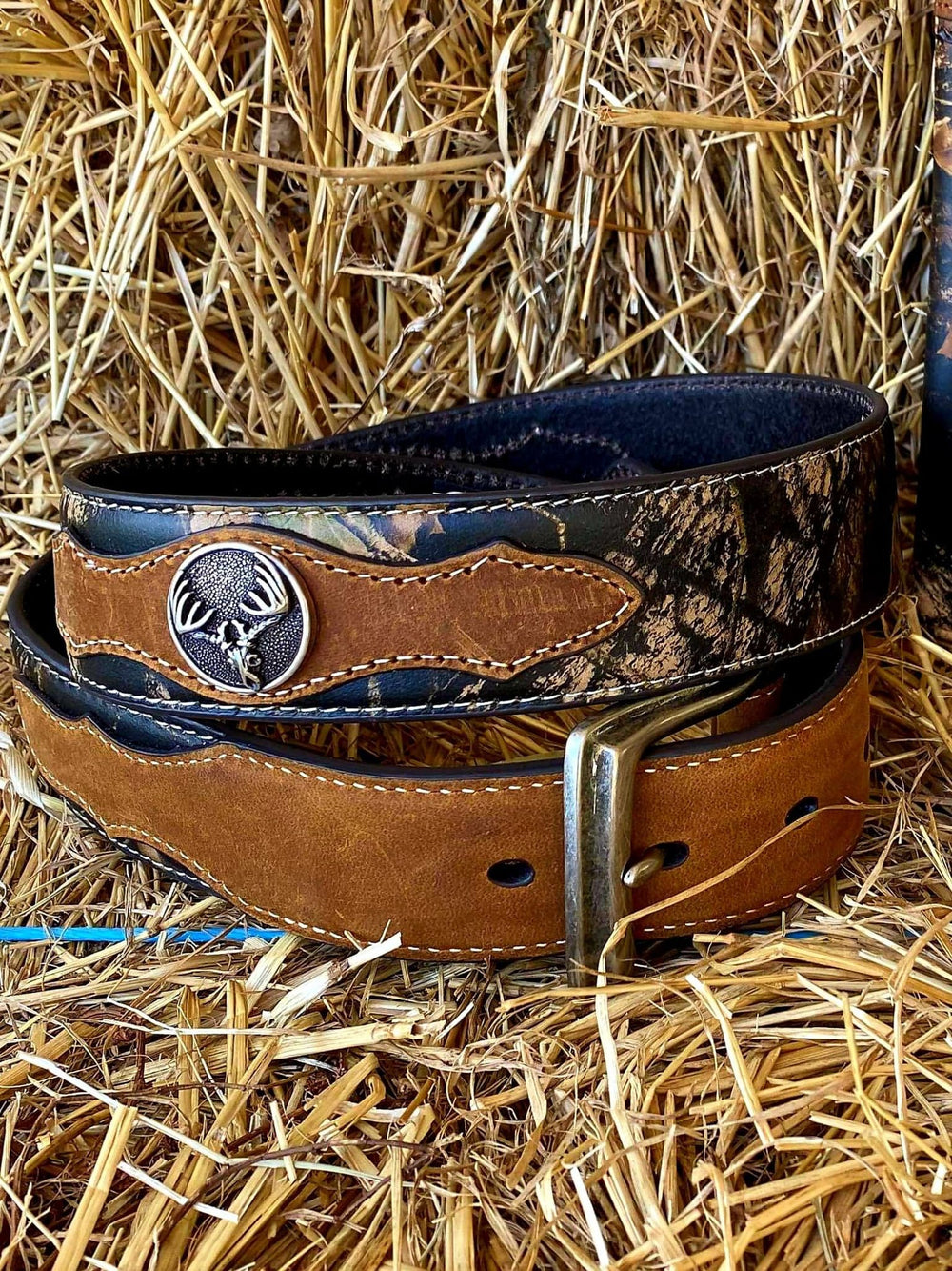 Nocona Western Belt Overlay Buck Skull Camo Brown Size 36"