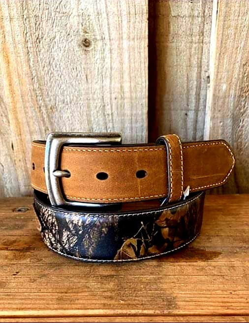 Nocona Western Belt Overlay Buck Skull Camo Brown Size 36"